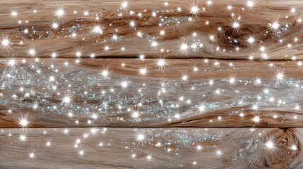 Natural wooden plank texture with sparkling glitter and starburst light effects