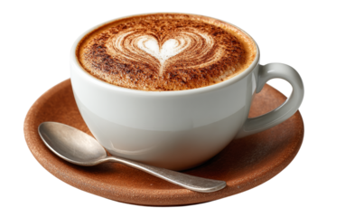 Latte art heart fills cup; warm light highlights the texture. Coffee shop, product staging, social media design.