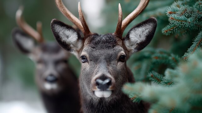 Close up of a deer's face with antlers and another deer blurred in the background near evergreen branches