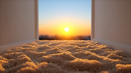 Close up perspective of plush carpet leading to a bright sunset view through a doorway
