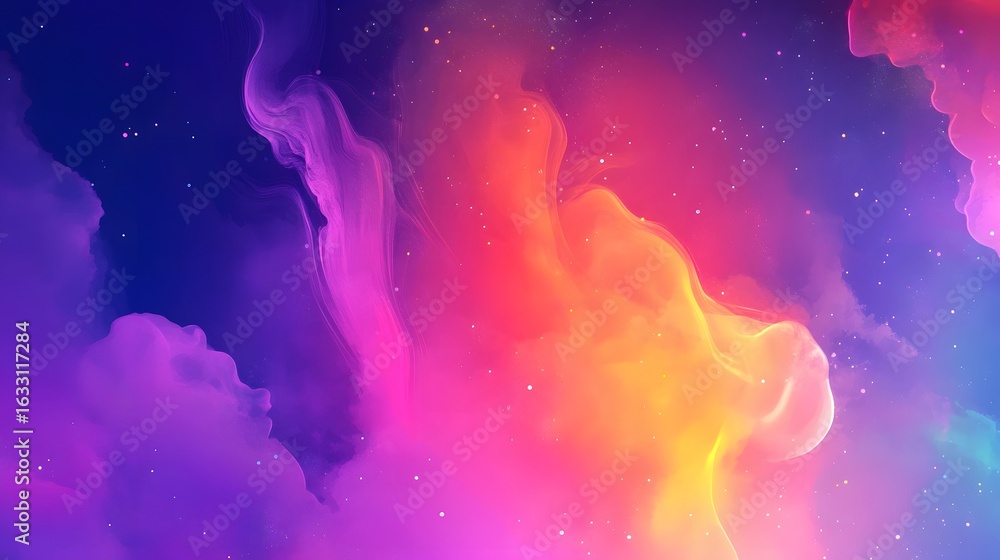 Poster vibrant abstract design with flowing colors and subtle sparkles.