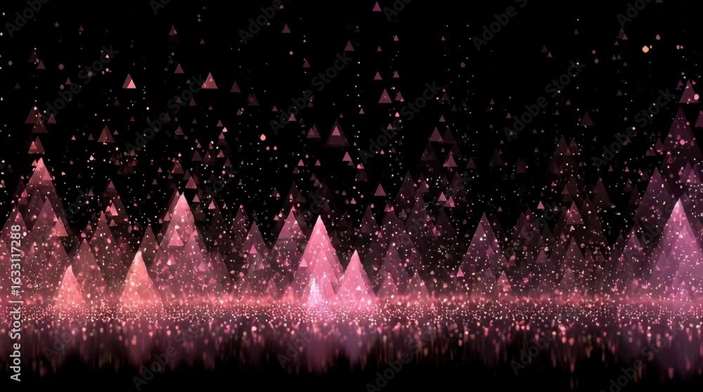 Poster abstract background with shimmering pink and gold triangular particles resembling a magical landscap