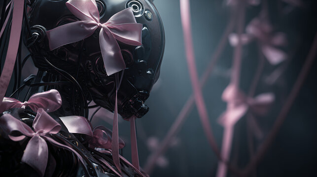 Conceptual cinematic portrait of a dark mechanical humanoid robot adorned with soft pink ribbon bows, contrasting futuristic technology with cute coquette aesthetics