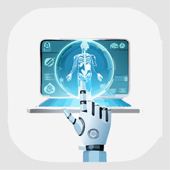 Robotic hand interacting with a digital screen displaying a human skeleton, showcasing advanced medical technology and artificial intelligence in healthcare innovation and diagnostics