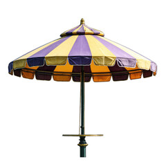 A large, striped patio umbrella with a dark purple and gold canopy, stands on a dark pole with a cross base, set against a black background