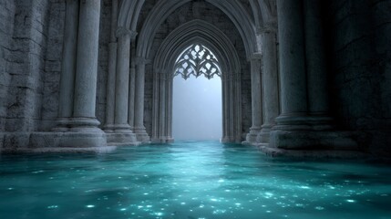 Fototapeta premium Ancient stone hall with Gothic archway and luminous shallow water architecture