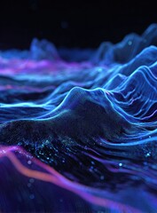 A mesmerizing digital landscape of flowing blue and purple light, creating a futuristic and abstract visual representation.