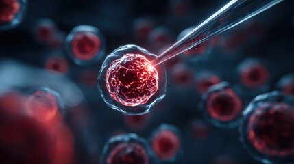 A microscopic view showcases a cell being penetrated by a scientific instrument, highlighting biological research and medical advancements.
