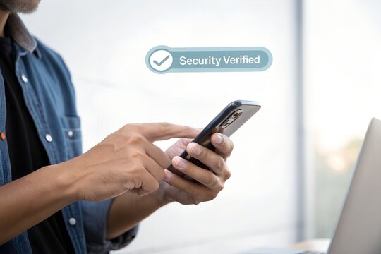 Person using smartphone with a verified status notification