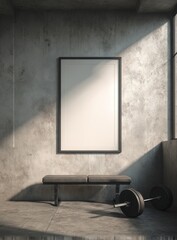 A minimalist gym interior showcases a blank framed poster, a weight bench, and a barbell, illuminated by natural light and shadows.