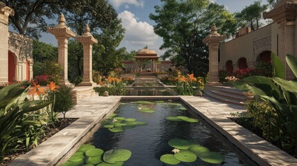 Fototapeta premium Serene Rajasthani Garden Oasis: Tranquil Water Reflections and Architectural Marvel