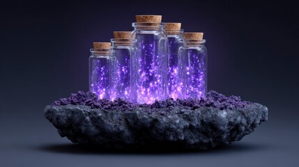 Multiple glass bottles containing glowing purple particles resting on textured rock