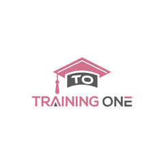 Modern minimalist logo: Training One, graduation cap icon, corporate branding, pink and gray palette, education concept.