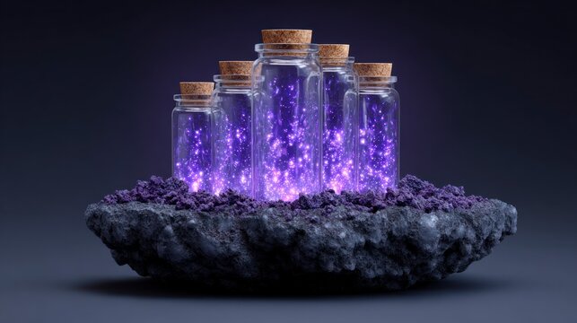 Multiple glass bottles containing glowing purple particles resting on textured rock