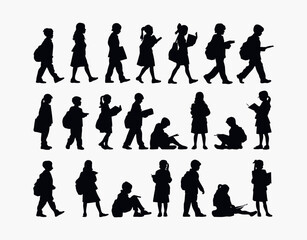 Obraz premium Children with Books and School Bags Silhouette Collection Template in Vector Format