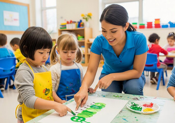 Fototapeta premium Teacher and Children Painting Caterpillar in Classroom