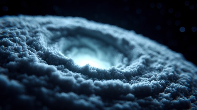 Close up view of a swirling white cloud formation with a bright center against a dark background