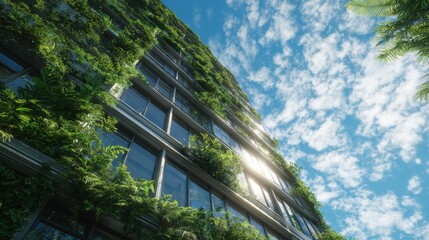 A modern building facade is beautifully adorned with lush green vegetation, creating a harmonious blend of nature and urban architecture under a bright sky.
