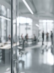 A modern glass door reveals a blurred interior with people working, suggesting a contemporary workspace environment and professional setting.
