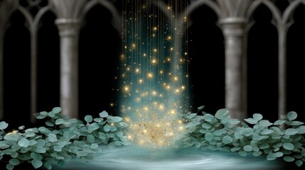 Elegant stone archways frame a magical cascade of golden sparkling lights over lush green foliage