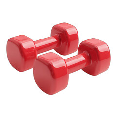 A pair of red hexagonal dumbbells, glossy finish, positioned slightly overlapping, isolated on a transparent background