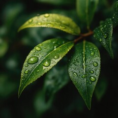 Close-up of dew-covered, vibrant green leaves