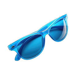A pair of vibrant blue sunglasses, angled slightly, showcases a sleek, modern design with a subtle curve to the frames. The lenses are a matching shade of blue, reflecting light