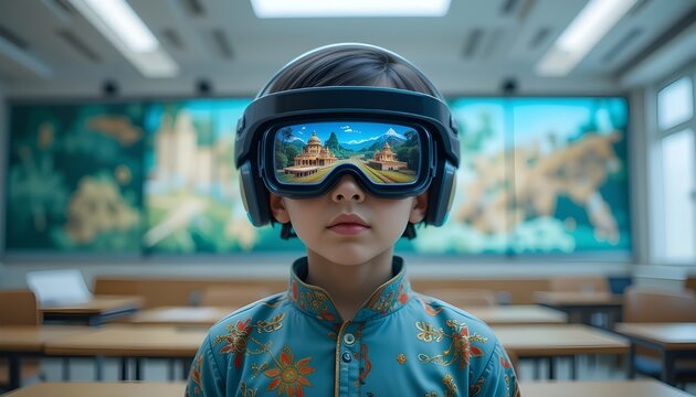 "Child wearing smart-Achal that teaches cultural history via augmented reality in a classroom of the future."
