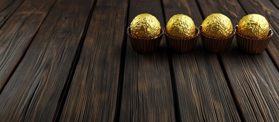Luxury chocolate truffles wrapped in shiny gold foil, arranged on a rustic dark wood plank background with copy space