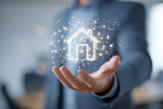 A hand in a suit holds a glowing house icon, suggesting digital home ownership