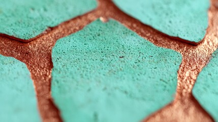 Close up abstract pattern of textured mint green shapes with metallic copper lines
