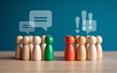 Conceptual image of societal division, showing two groups with opposing views. One side engages in calm discussion while the other expresses angry disagreement and conflict through icons.