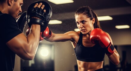 A determined female boxer throws a punch during a training session with a coach in a gym.