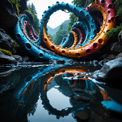 Surreal abstract sculpture resembling colorful tubes or tentacles winds through a forest landscape with reflections in the water. Vibrant blue, orange, and pink coils create a fantasy scene in nature.