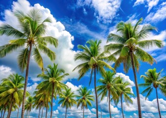 Tropical palm trees swaying gently in the breeze against a brilliant blue sky with fluffy white clouds