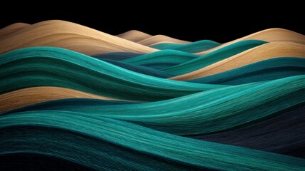 Undulating landscape of textured waves in teal navy blue and tan against a black background