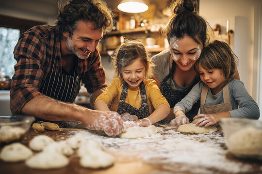Happy family kitchen baking flour dough children parents together fun home - Powered by Adobe