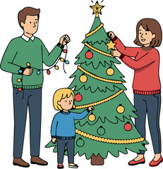 Fototapeta premium Family Decorating a Christmas Tree with Lights and Ornaments in a Cozy Winter Scene