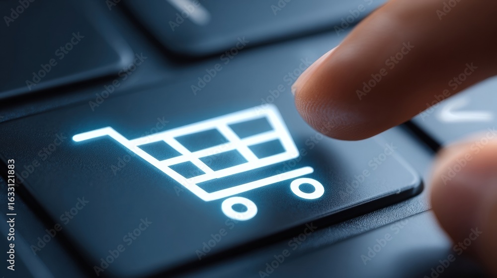 Poster close-up of finger pressing an online shopping cart button on a computer keyboard late at night