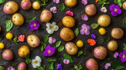 Vibrant assortment of fresh new potatoes and colorful edible flowers scattered on a rustic dark slate background, a creative food composition.