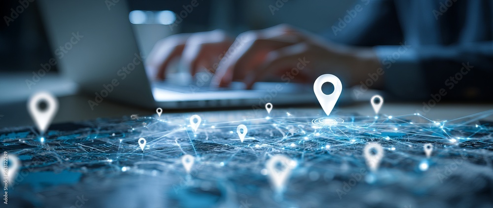Poster digital map with location markers overlaid on a surface