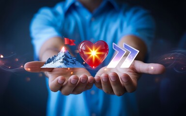 A person's hands holding virtual icons of a mountain with a flag, a glowing heart, and forward arrows, symbolizing achieving goals with passion.