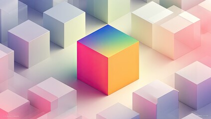 Obraz premium Abstract geometric design featuring a vibrant, colorful cube amidst a grid of pastel cubes