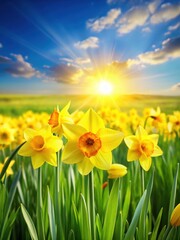 Fototapeta premium Vibrant yellow daffodil flowers blooming in a lush green field under the bright sun