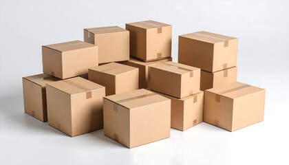Stack of cardboard boxes on white background.