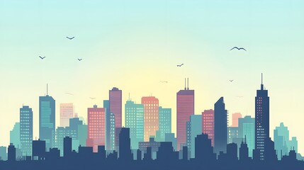 Colorful cityscape silhouette at dawn.