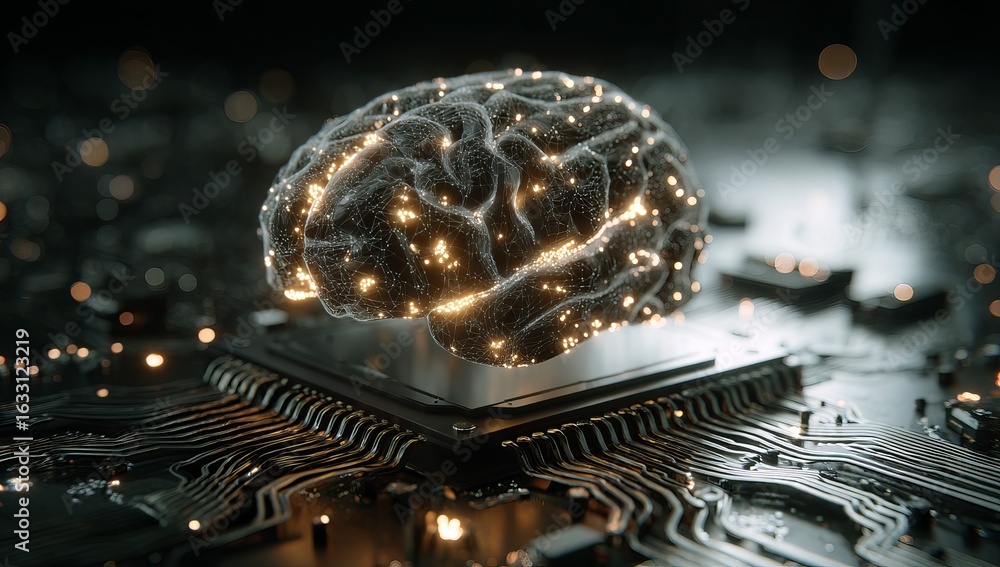 Poster 3D render of a brain atop a computer chip, glowing neural pathways