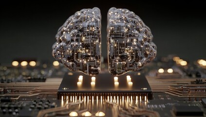 Two halves of a 3D brain, transparent and metallic, sit atop a circuit board, lit with glowing circuits