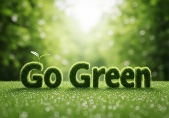 Go green text made of grass with plant sprout in nature