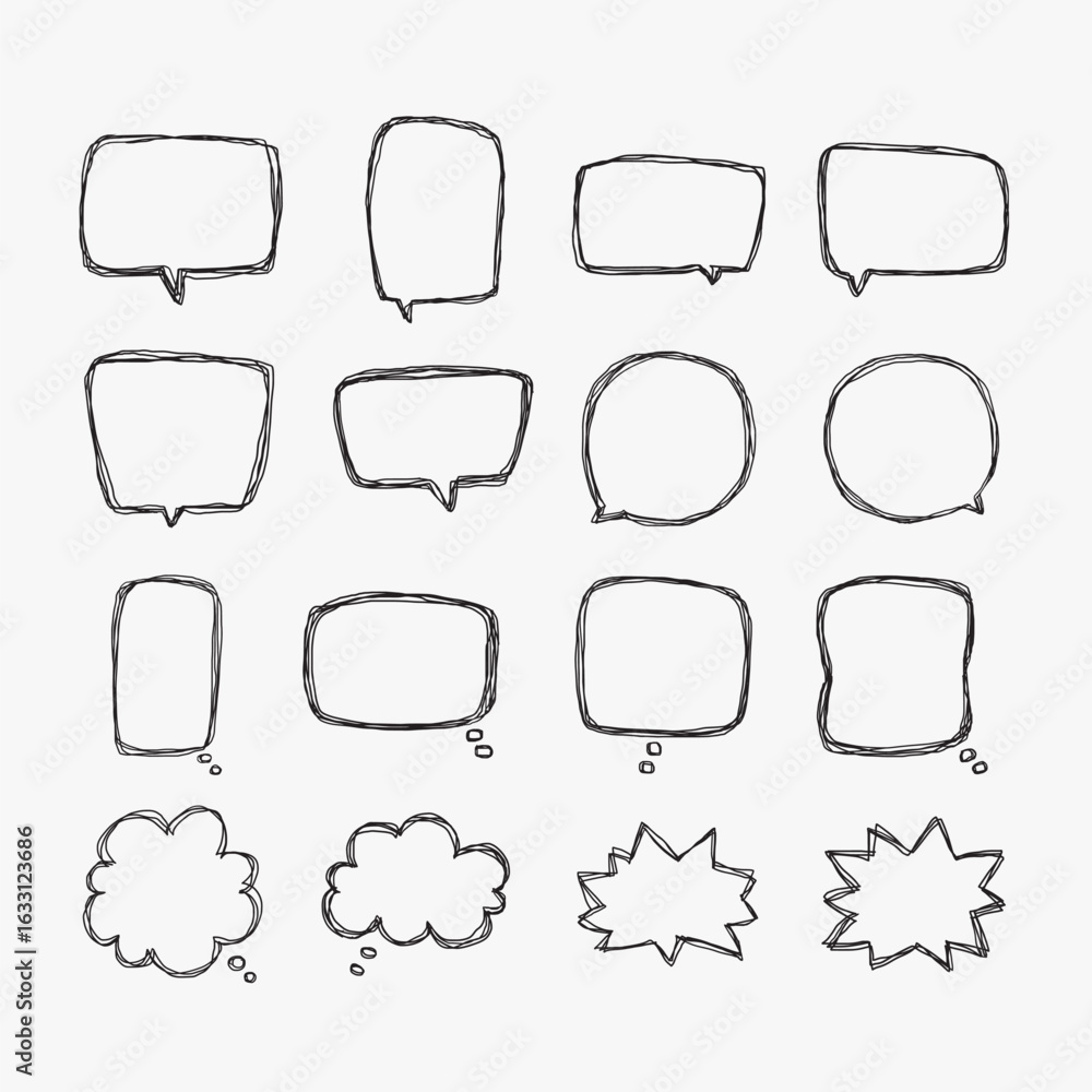 Poster a collection of simple lines hand drawn speech bubbles in various shapes. set of simple of hand draw